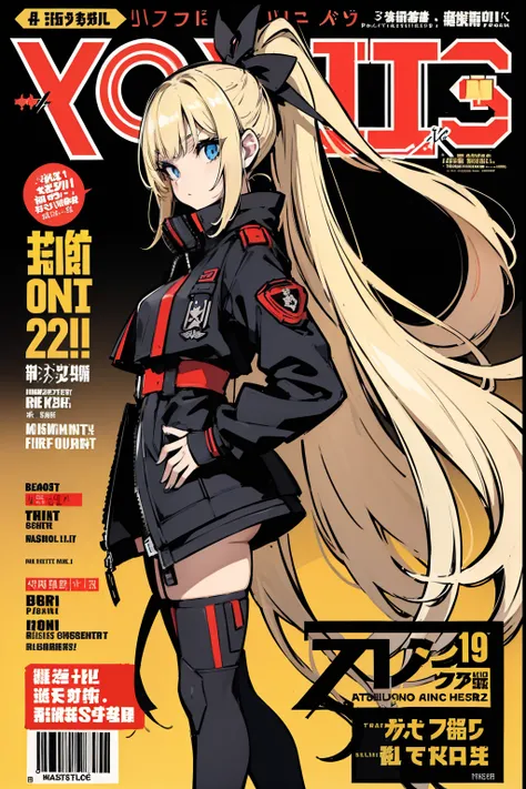 (masuter piece,Best Quality,Ultra-detailed), (A detailed face), (front-facing view), Young Girl, Blonde long hair, High Ponytail, (graffiti wall:1.0), 1lady, battle garments, Black and red jacket, blue eyess, full body Esbian, (magazine:1.3), (cover-style:...