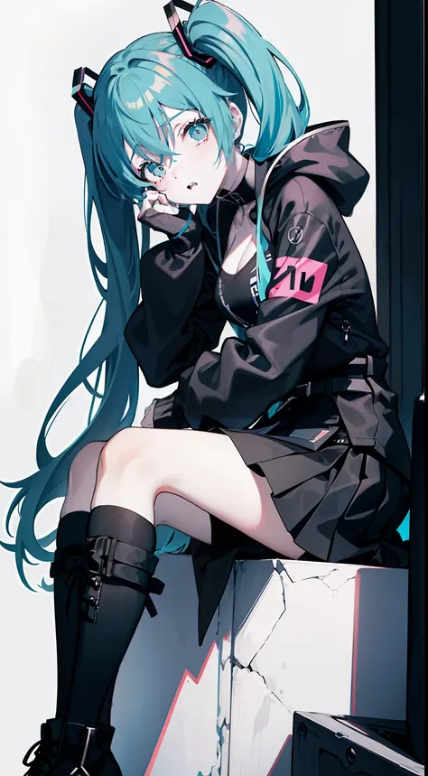 utmost+meticulous_faces，miku hatsune、utmost+Beautiful+meticulous_The eye，The upper part of the body，closeup cleavage，cyberpunk backgrouns，sketching，solidcolor，Woman in black shirt and black dress，Minimalist style，wearing elegant casual clothes，long boots，M...