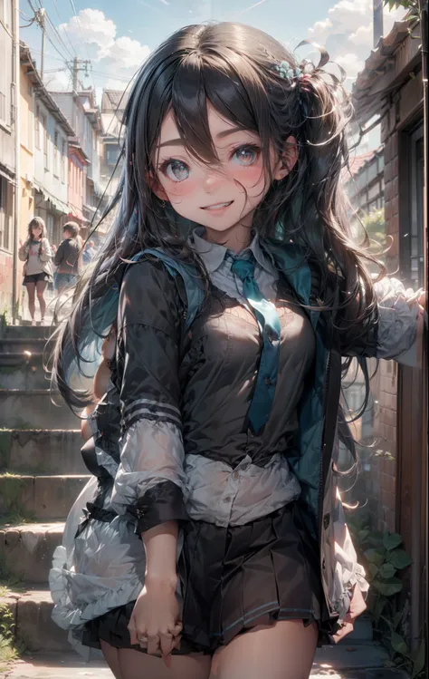 Smile, blush, Outdoors, day, Simple background, Blue sky, skyporn, temple, Looking at Viewer, stairs, mont, Moody lighting, face to the viewer, Hires, Best Quality, Official art, NSFW, best anatomy, (NSFW, 1girl in, Paizuri, Paizuri, victorious pose, , Dar...