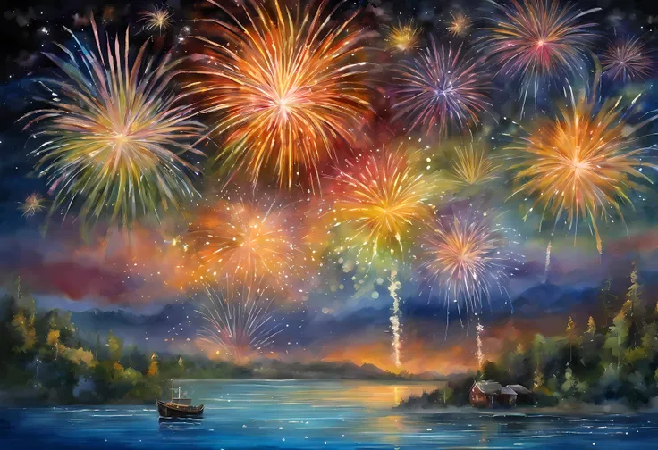 ((Most porwerful underwater Fireworks:1.5)), Fireworks display by the lake、Japan Fireworks Festival、lake、Fireworks in the water、Fireworks from the surface of the water、Fireworks in bloom on the surface of the water、Colorful fireworks、Japan Underwater Firew...