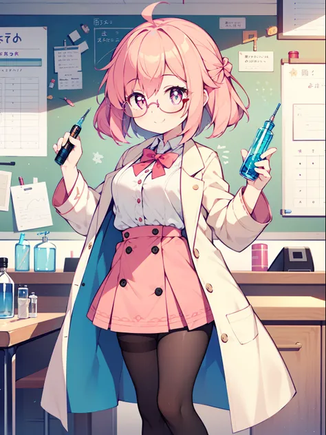 (1girl in:1.2), (Solo:1.2), nffsw、Shaders、Brilliant Textured Work、Ultra-detailed eyes、ultra-intricate pupil in eyes、top-quality、Draft style、Pink hair、Pink eyes、student clothes、Tiered mini skirt、stockings、Student shoes、Wearing a white coat、Under-rim glasses...