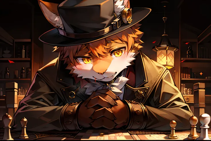 Kemono-style male cat, wearing a brown coat and steampunk hat, with yellow eyes and orange fur, thoughtful expression on his face, with his hands on a chess pawn on top of a world map with blood on a large table, 4k, masterpiece, beautiful lighting