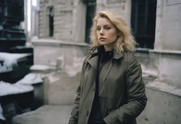 beautiful petite curvy young woman, 28 year old, shoulder length blonde hair,floppy hair, cold, (investigative journalist:1,5), new york city, Photojournalism, 35mm, Kodak Gold 200, Depth of Field, Materiality