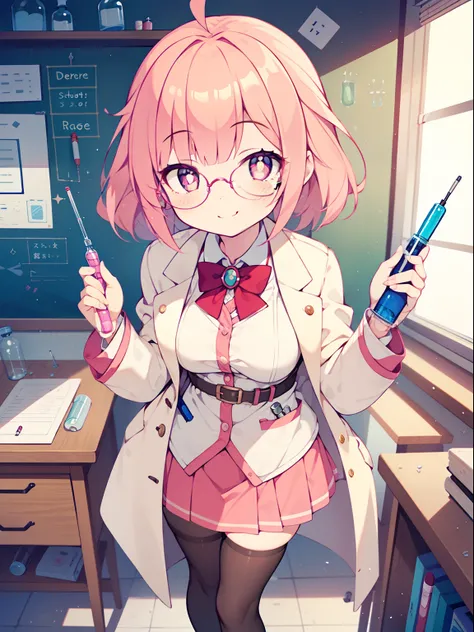 (1girl in:1.2), (Solo:1.2), nffsw、Shaders、Brilliant Textured Work、Ultra-detailed eyes、ultra-intricate pupil in eyes、top-quality、Draft style、Pink hair、Pink eyes、student clothes、Tiered mini skirt、stockings、Student shoes、Wearing a white coat、Under-rim glasses...