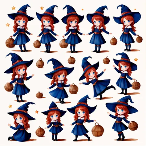 Cute little girl in witch costume, Beautiful red curly hair, beautiful blue eyes, seen from behind, Hands down along the body (Best Quality, hiquality:1.3), ,Masterpiece, illustartion, (watercolor style), children book illustration