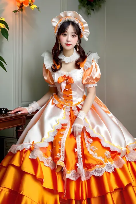 Close up portrait of woman in orange satin dress and white satin gloves, rococo dress, rococo queen, Victorian orange dress, rococo ruffles dress, dress in the style of rococo, fantasy dress, Lolita style, ethereal fairy tale, Icy Orange Dress, victorian d...