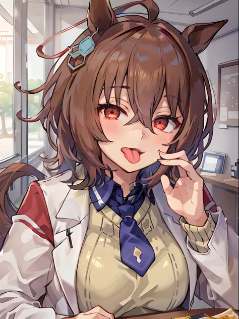 Agnes-Tachyon, umamusume, white Labcoat and yellow sweater, Crimson eyes, tie, (very huge breasts:1.2), (inside mouth:1.5), (open mouth loudly:1), grin, (long cute tongue:1.5), upper-body, finger, (implied fellatio:1.4), handsign of handjob, pov, from avob...