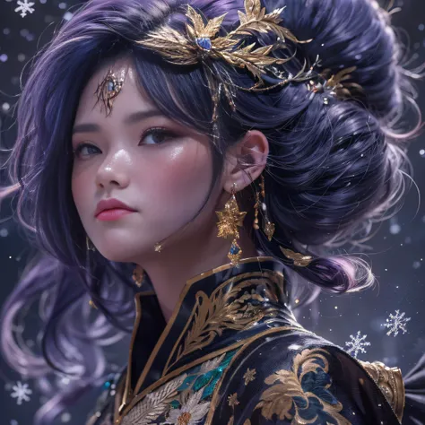 32K gradient glass texture（tmasterpiece，k hd，hyper HD，32K）Short bright purple hair，Short flowing hair，Onsen District，Flame Girl ，Yao Lang protector （realisticlying：1.4），Python pattern robe，Black gold master Kawashima work headdress，Snowflakes fluttering，Th...