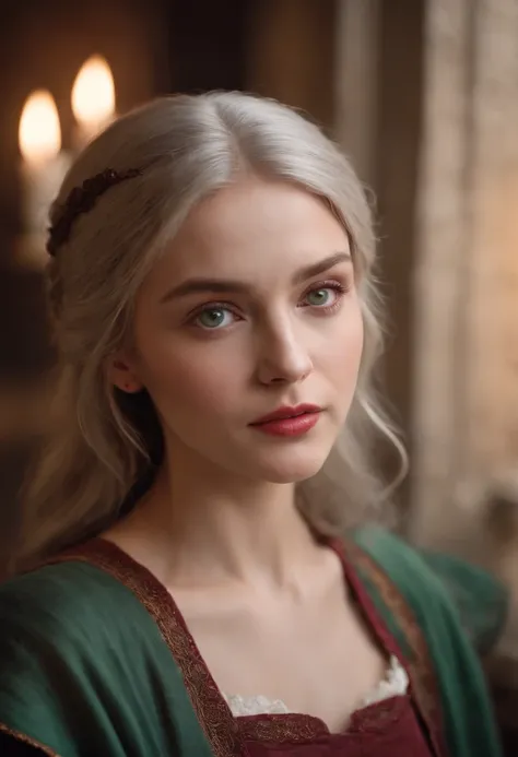 (((A deep reddish scar runs across her left cheek))) light skinned, Women around 19 years old, Natural gray hair, Distinctive green eyes, Wearing Cole, slender and graceful,, Beautiful, Candlelight in medieval atmosphere, Ultra Sharp Focus, realistic shot,...