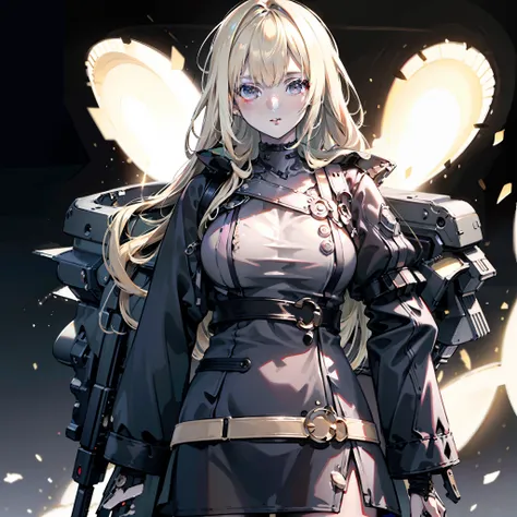 1woman, cool, tall, mature, dirty blonde hair, pitch black eyes,, wearing military uniform, space marine, isolated on completely...