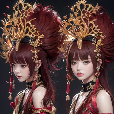 32K gradient glass texture（tmasterpiece，k hd，hyper HD，32K）Short burgundy hair，Short flowing hair，Onsen District，Flame Girl ，Yao Lang protector （realisticlying：1.4），Python pattern robe，Black gold master Kawashima work headdress，Snowflakes fluttering，The bac...