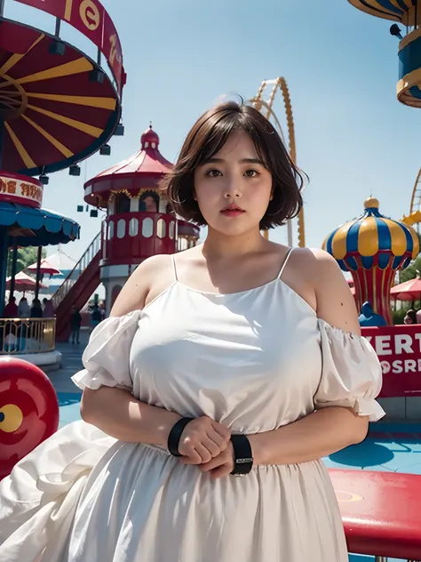 1 girl, obese body, big size, round face, double chin, overweight,Shoulder length Fluffy short hair , white dress，holding her weight on her stomach and looking at the camera，Amusement Park, Ferris Wheel