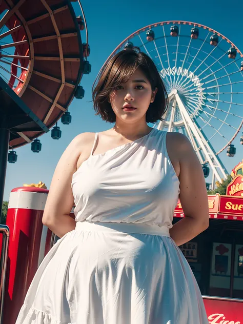 1 girl, obese body, big size, round face, double chin, overweight,Shoulder length Fluffy short hair , white dress，holding her weight on her stomach and looking at the camera，Amusement Park, Ferris Wheel