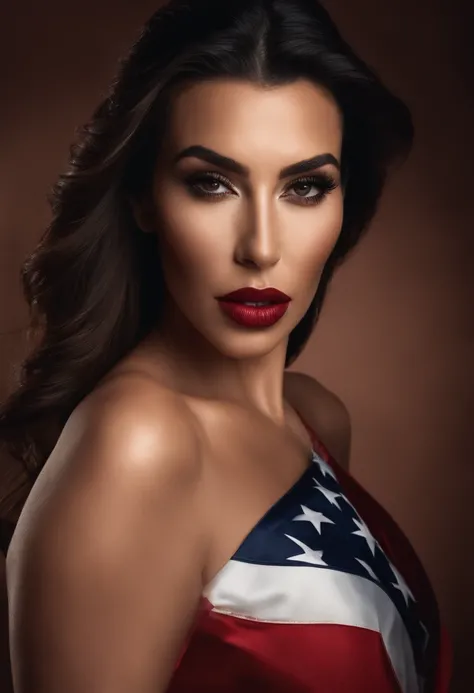 (((photo of  full body))), Kim Kardashian, ((American flag)), Beautiful, (Detailed Face), (a perfect face), cleavage, cleavage, Distance between legs, The cover of a glossy mens magazine, Mens magazine cover, (closed lips), Super detailed photography, Intr...