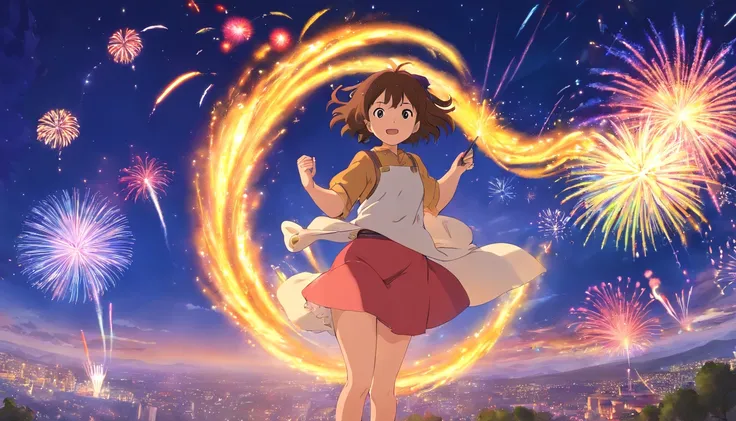 1girll，anime big breast，Skysky，fire works，CG，mid-air，dream magical