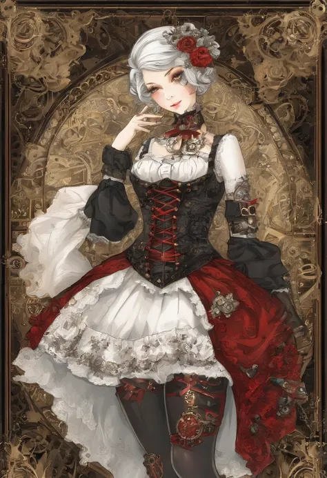 short-hair、Japanese Gothic Lolita、hotpants、Perforated Lace Knee Socks、head phone、Hold the sword、White hair red mesh、Black boots、Floral hair ornament