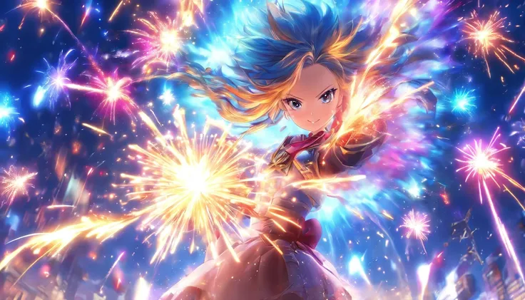 1girll，anime big breast，Skysky，fire works，CG，mid-air，dream magical