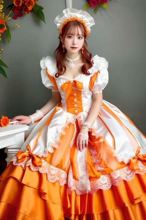 Close up portrait of woman in orange satin dress and white satin gloves, rococo dress, rococo queen, Victorian orange dress, rococo ruffles dress, dress in the style of rococo, fantasy dress, Lolita style, ethereal fairy tale, Icy Orange Dress, victorian d...