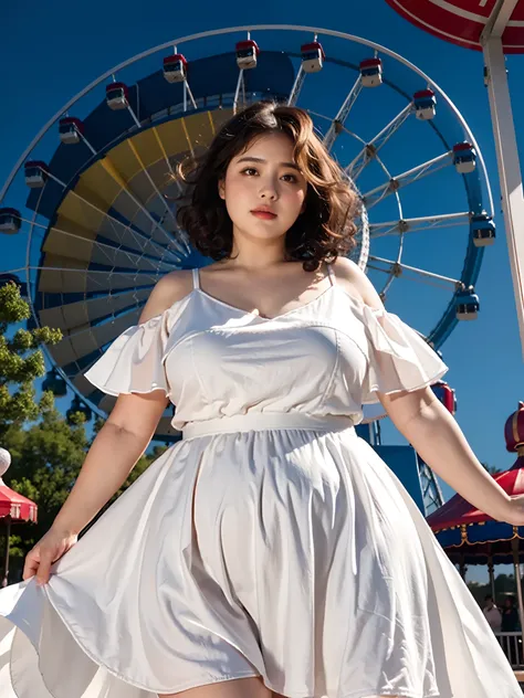 1 girl, obese body, big size, round face, double chin, overweight,Shoulder length Fluffy short curly hair ,Low V-neck white evening dress long skirt ，holding her weight on her stomach and looking at the camera，Amusement Park, Ferris Wheel