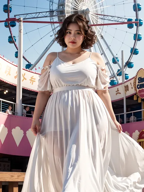 1 girl, obese body, big size, round face, double chin, overweight,Shoulder length Fluffy short curly hair ,Low V-neck white evening dress long skirt ，holding her weight on her stomach and looking at the camera，Amusement Park, Ferris Wheel