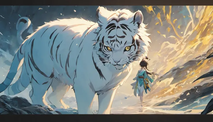 A white tiger，no girl, no person, Mountain and Sea Sutra，mythological beasts，Handsome，Dont have characters