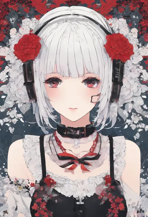 short-hair、Japanese Gothic Lolita、hotpants、Perforated Lace Knee Socks、head phone、Hold the sword、White hair red mesh、Black boots、Floral hair ornament