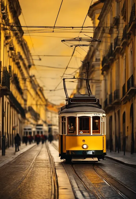 exquisite and detailed drawings, yellow tram in Lisbon city, sunny, rich, classy, opulent, Lisbon street abstract art complementary colors fine details Professional photography, bokeh, natural lighting, canon lens, shot on dslr 64 megapixels sharp focus si...