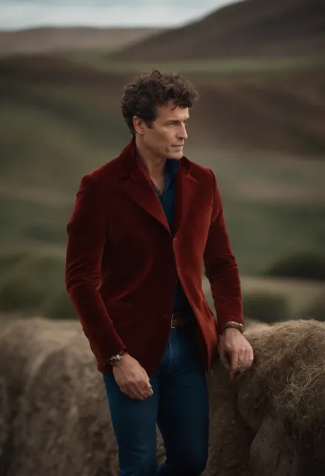 Un homme en rouge, Le style de Patrick Demarchelier. Dressed in a red velvet jacket and blue jeans , Grand et en forme, (40 ans:1.1), (shaven:1.2), (short brown hair and a little curly:1.5),(very short hair:1.6). in the style of ethereal beauty, Realistic ...