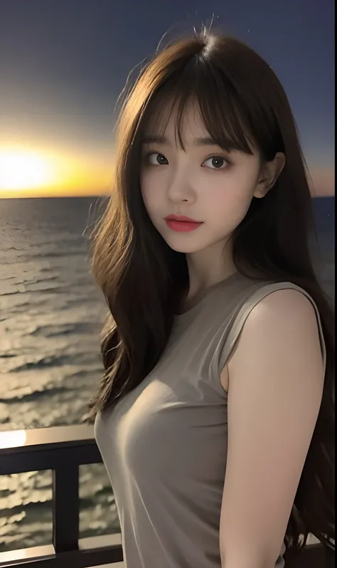 （Original photo of 8K，best qualtiy，tmasterpiece：1.2），（Medium view），the night，Night on a yacht，Sea and night view in the background，best qualtiy，tmasterpiece，（Small mouth：1.2），short- sleeved，short- sleeved，short- sleeved，short- sleeved，an extremely delicate...