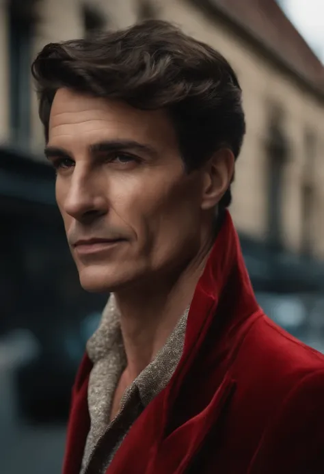 Un homme en rouge, Le style de Patrick Demarchelier. Dressed in a red velvet jacket and blue jeans , Grand et en forme, (40 ans:1.1), (shaven:1.2), (cheveux bruns courts :1.5),(very short hair:1.6). in the style of ethereal beauty, Realistic blue sky, Hass...