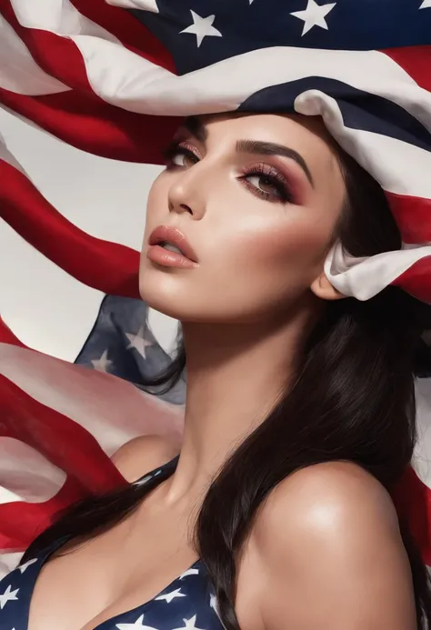 (((photo of  full body))), Kim Kardashian, ((American flag)), Beautiful, (Detailed Face), (a perfect face), cleavage, cleavage, Distance between legs, The cover of a glossy mens magazine, Mens magazine cover, (closed lips), Super detailed photography, Intr...