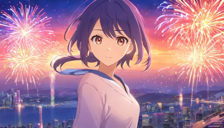 1girll，anime big breast，Skysky，fire works，CG，mid-air，dream magical，delicated face，Elaborate Eyes，Works of masters，Highest image quality，exquisite facial features