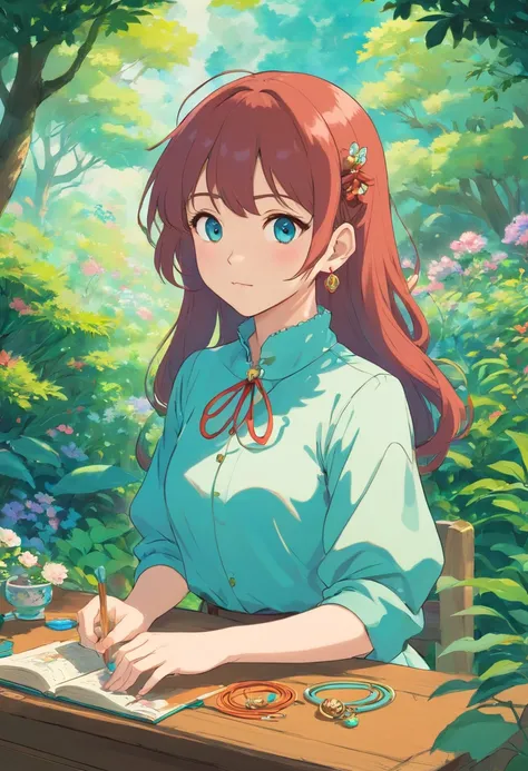 Girl in an anime collar, Long necklaces and earrings, In the style of a tranquil garden landscape, colorful animation stills, Masami Teraoka, aquamarine, paul gauguin, Embry style, Honest portrayal，PC Input，a desk、creator、