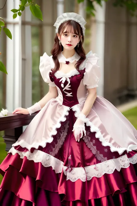 Close up portrait of woman in Bordeaux satin dress and white satin gloves, rococo dress, rococo queen, Victorian Bordeaux color dress, rococo ruffles dress, dress in the style of rococo, fantasy dress, Lolita style, ethereal fairy tale, Icy Bordeaux Dress,...