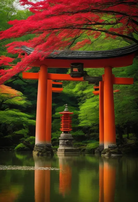 torii gate、stone statue、Three Pillars、Built on a pond