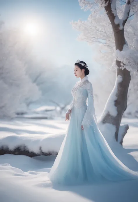 The ice and snow deer that comes leisurely, the pure white body realizes the ice and snow wonderland, Yan Jun becomes the wind, exhales white air in the transparent air, and the ethereal tree together forms a dreamy scene, high-quality CG portrays a magnif...