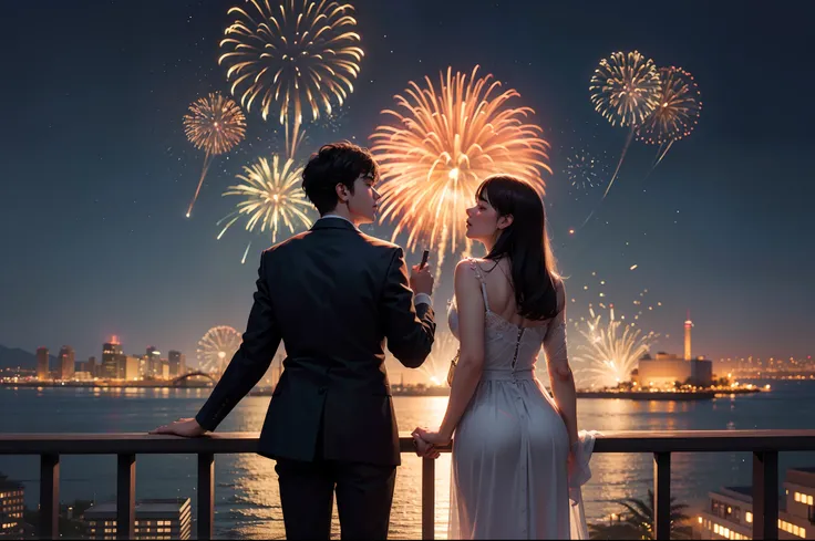 Romantic couple watching giant fireworks on the sky, highly detailed,  night,  photorealistic.