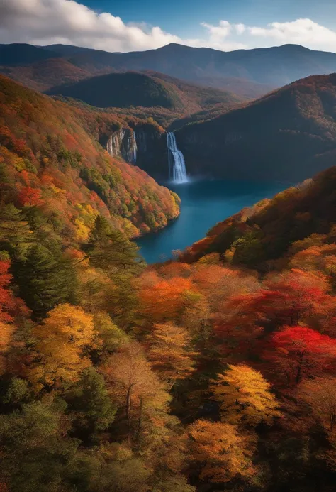 sunlights、Scenery of autumn leaves with Kegon Falls and Lake Chuzenji in the background