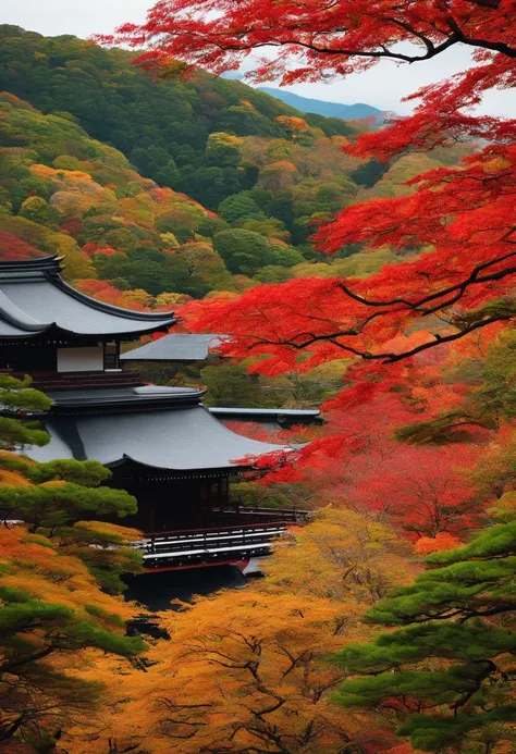 kyoto、View from Kiyomizu-dera Temple、The contrast between the golden color of Kinkakuji Temple and the red of autumn leaves