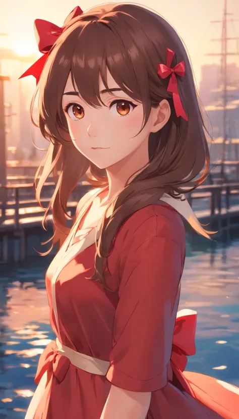 10 years of life, Brown hair, Fair skin, Realistic, Long hair stuck with a red bow, Light brown eyes, Red dress, 8k picture, Realistic human skin, Images of real children,