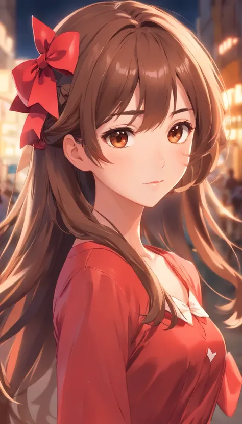 10 years of life, Brown hair, Fair skin, Realistic, Long hair stuck with a red bow, Light brown eyes, Red dress, 8k picture, Realistic human skin, Images of real children,