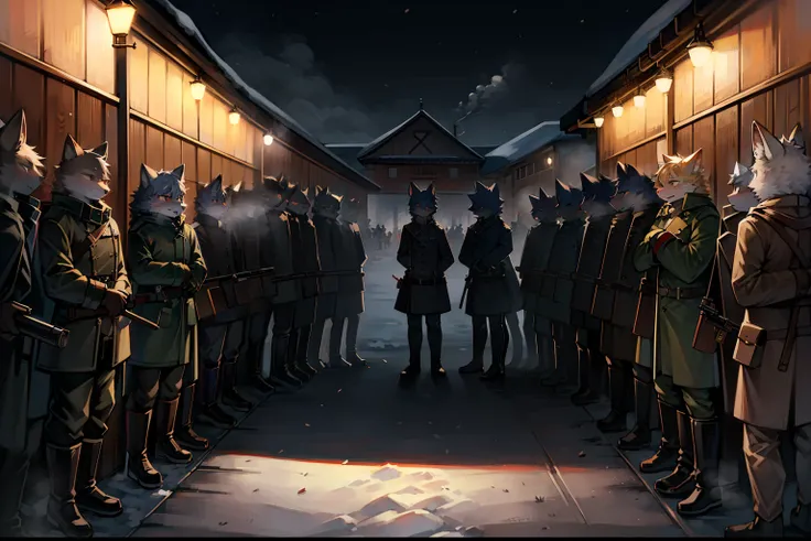 several kemono style cats, wear military uniform with an overcoat, are in line shooting with muskets that make a lot of smoke, shoot from the corner of the image to the other side, possible to see their shots, in the snow, during the day, military training...