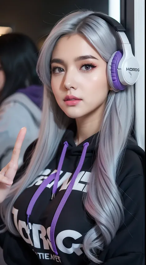 Girl, big boobs, grey hair, long hair, violet, Hoodie, gamers, headphone