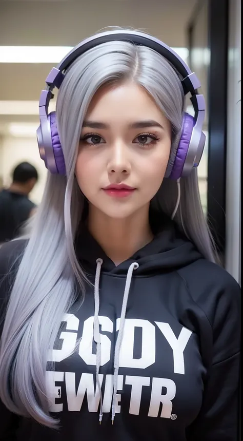 Girl, big boobs, grey hair, long hair, violet, Hoodie, gamers, headphone