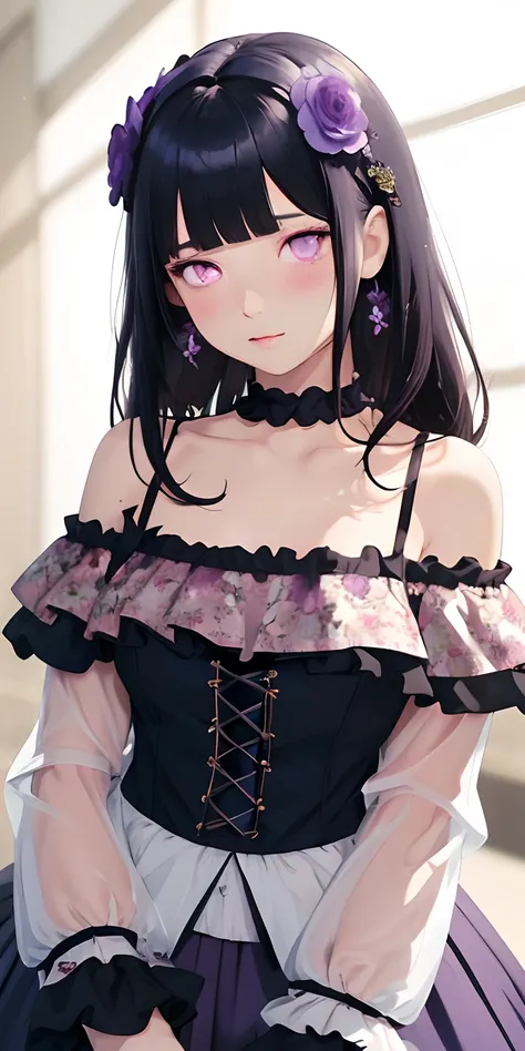 (best quality, masterpiece), 1girl, intricate details, off shoulder, skirt, choker, frills, see-through, looking at viewer, blush, upper body, blurry background, floral print, contrapposto, long dark blue hair, Blunt Bangs, purple eyes