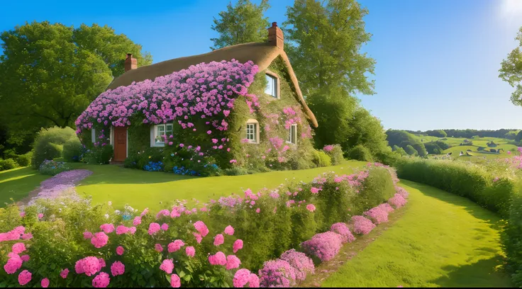 (((high quality))), detailed cottage, extremely detailed cliff under small apple tree, high resolution, absurd, high saturation, clear, rational construction, contry style, brick wall, building bush, door, fence, field, flower, flower_field, garden, path, ...