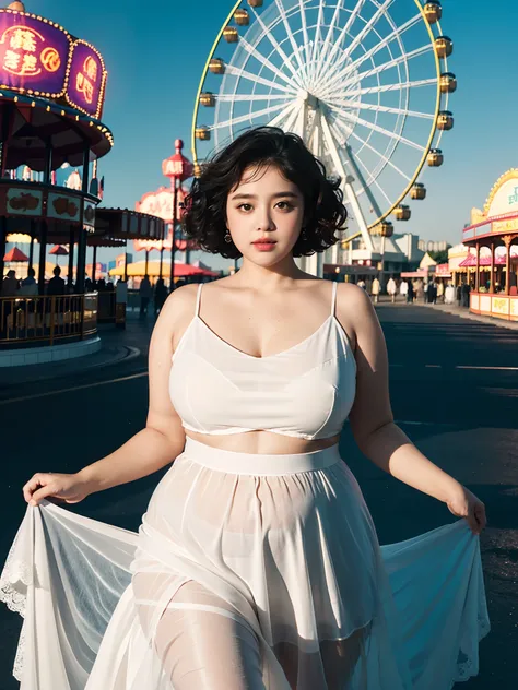 1 girl, obese body, big size, round face, double chin, overweight,Shoulder length Fluffy short curly hair ,Low V-neck white evening dress transparent lace gauze  skirt ，navel，holding her weight on her stomach and looking at the camera，Amusement Park, Ferri...