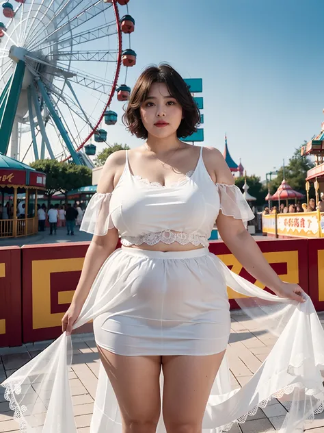 1 girl, obese body, big size, round face, double chin, overweight,Shoulder length Fluffy short curly hair ,Low V-neck white evening dress transparent lace gauze  skirt ，navel，holding her weight on her stomach and looking at the camera，Amusement Park, Ferri...