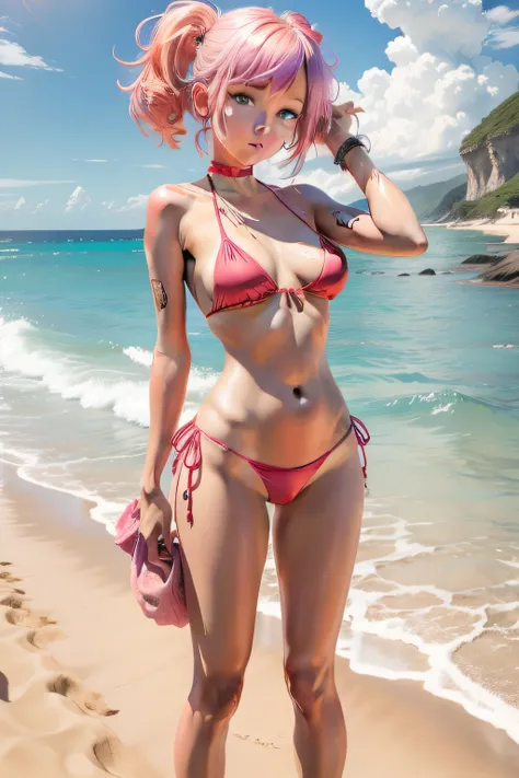 (masterpiece, best quality), 1girl, pink hair, red bikini, sand, beach, ocean, tanlines, nsfw, petite, barefoot