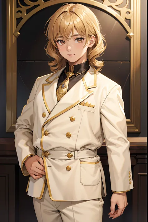 13-year-old boy、is standing、from waist up、Golden hair、curlyhair、I have bangs、a lot of bangs、Brown eyes、A slight smil、Unreliable、Lack of confidence、Plump、suits、Game Graphics、white backgrounid、End of 19th century